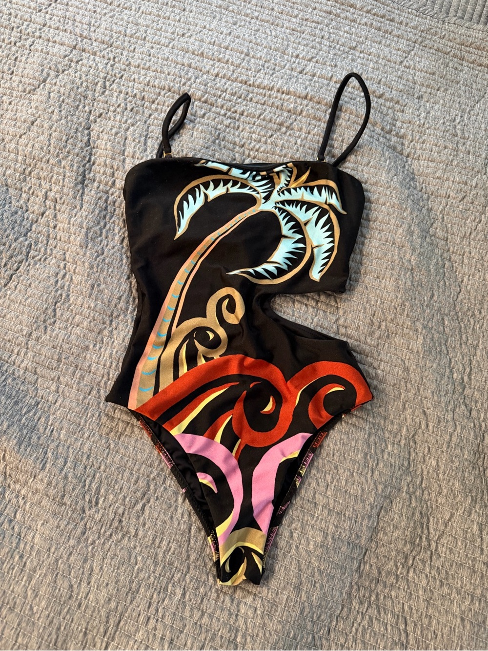 FARM Rio Black One-Piece Swimsuit with Multicolor Tropical Print, Sz S